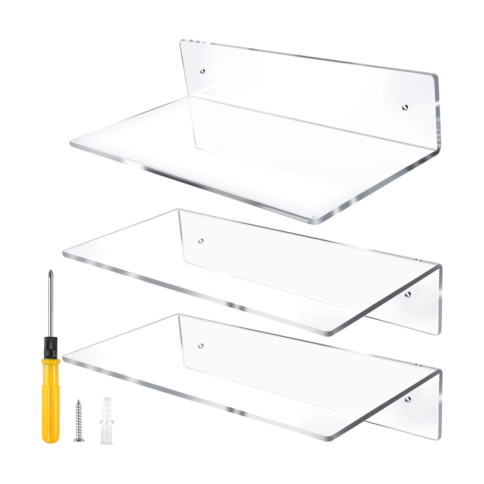 Jansburg 12 Inch L-Shaped Acrylic Floating Shelf Clear Wall Mounted Shelves Invisible 5MM Thick Shelf for Wall Storage