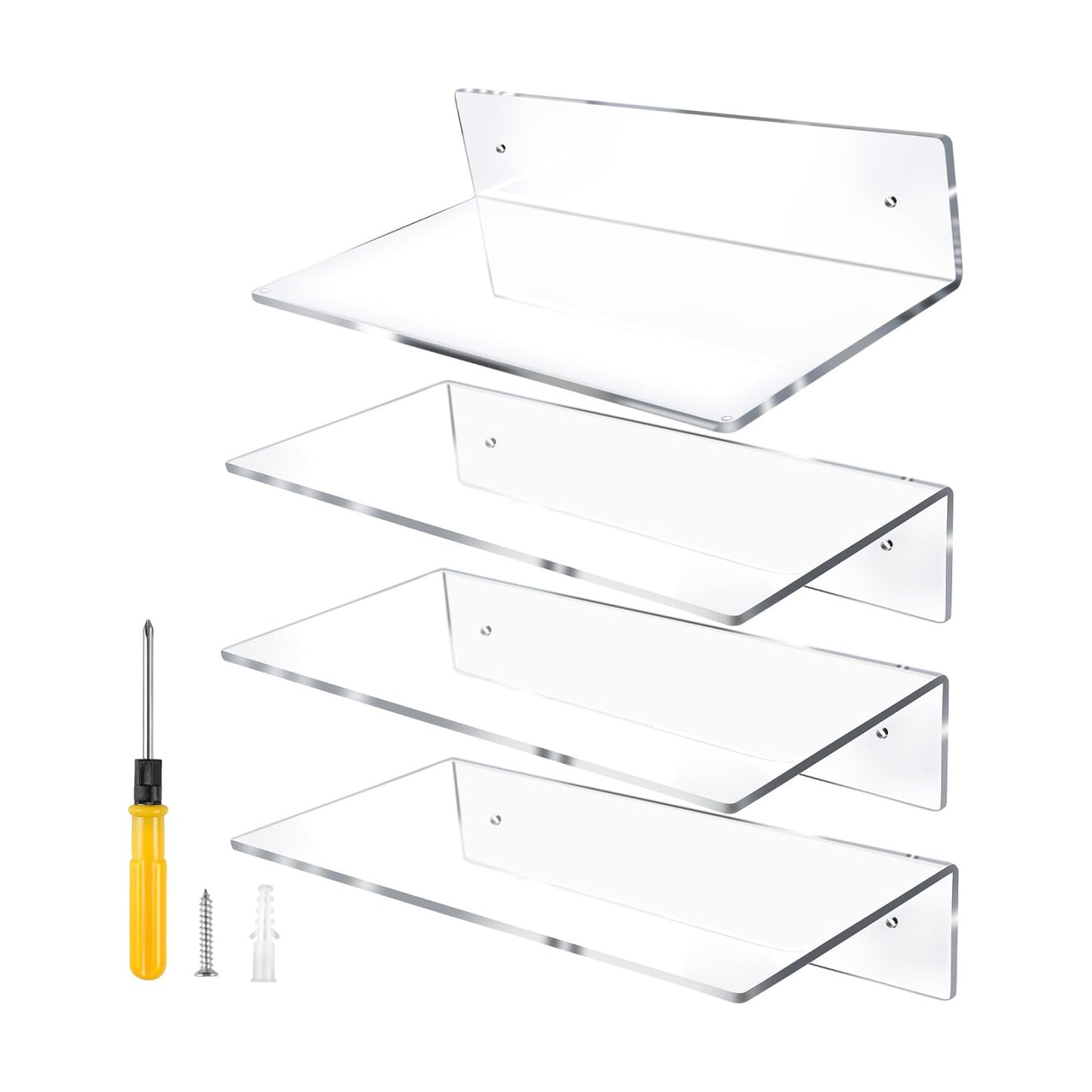 Jansburg 12 Inch L-Shaped Acrylic Floating Shelf Clear Wall Mounted Shelves Invisible 5MM Thick Shelf for Wall Storage