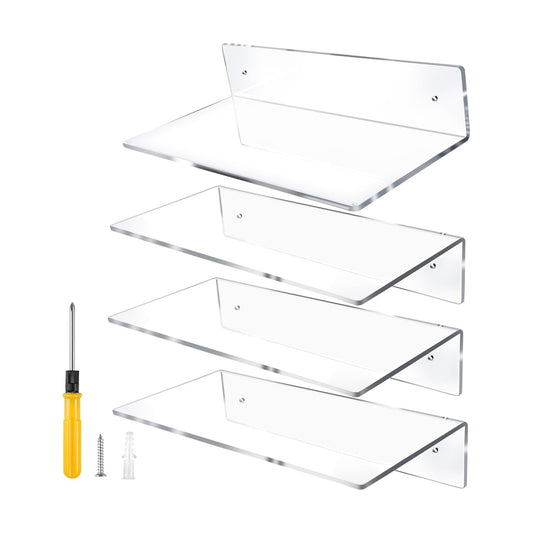 Jansburg 12 Inch L-Shaped Acrylic Floating Shelf Clear Wall Mounted Shelves Invisible 5MM Thick Shelf for Wall Storage