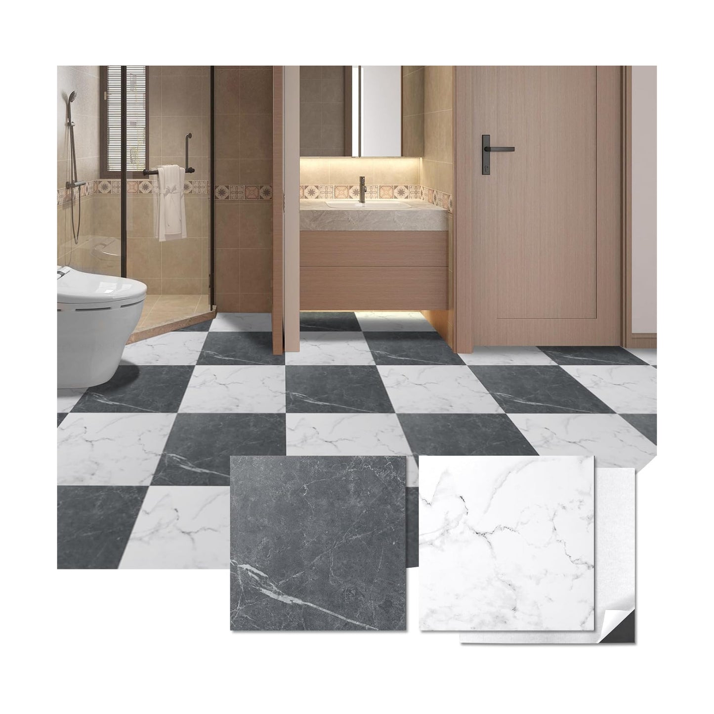 Peel and Stick Vinyl Floor Tiles / 12 x 12 / Black/white Marble / Set of 30
