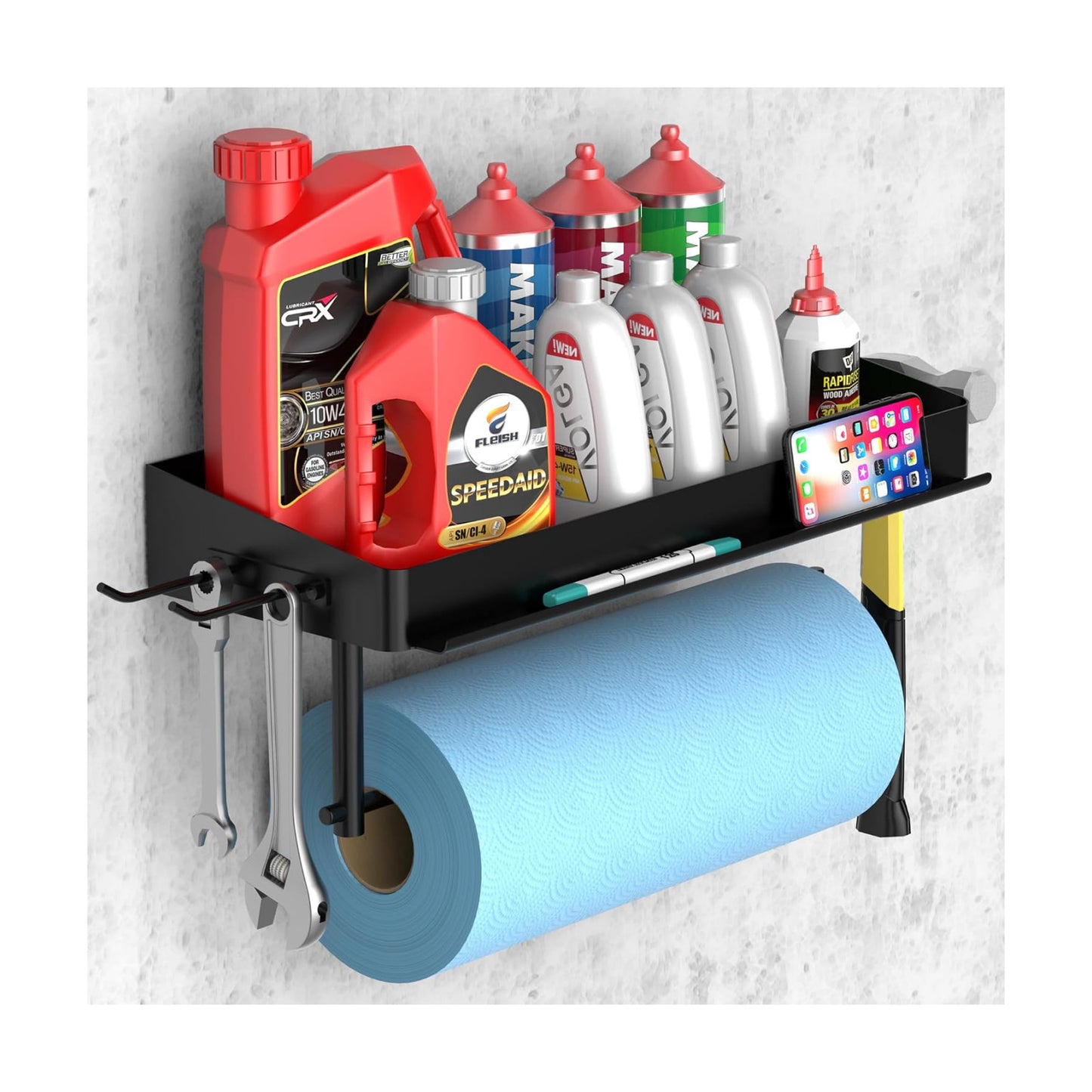 SUNTECH Garage Paper Towel Holder with Shelf, Wall-Mount (Black) | Fits 12 in Rolls, One-Hand Tear Design, Sturdy Iron