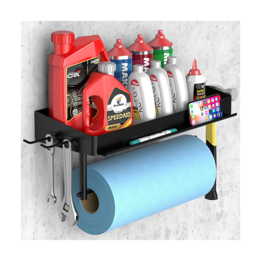 SUNTECH Garage Paper Towel Holder with Shelf, Wall-Mount (Black) | Fits 12 in Rolls, One-Hand Tear Design, Sturdy Iron