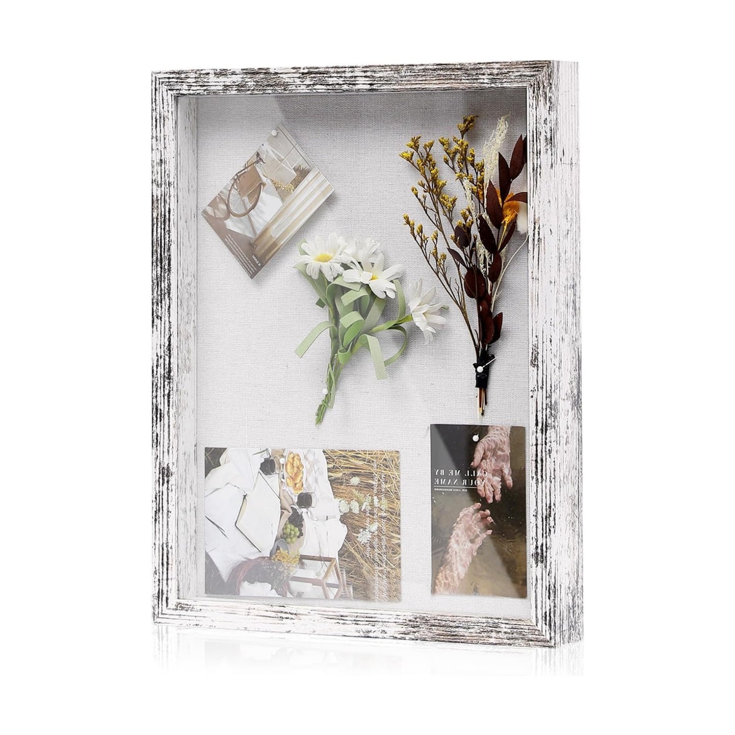 Muzilife 11x14 Shadow Box Wood Picture Frame, Tempered Glass, Rustic White | FSC-Certified MDF | Soft Acid-free Linen