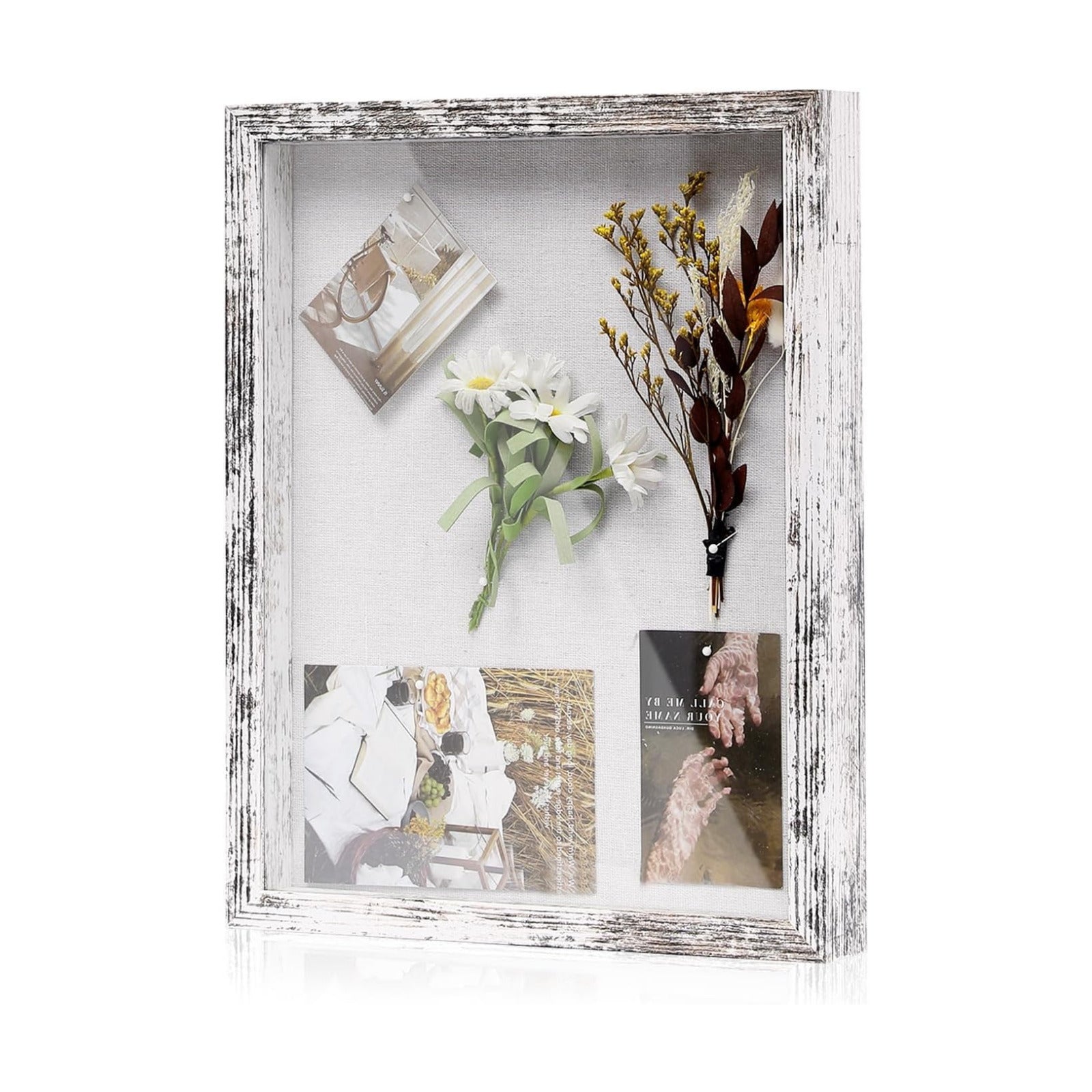 Muzilife 11x14 Shadow Box Wood Picture Frame, Tempered Glass, Rustic White | FSC-Certified MDF | Soft Acid-free Linen