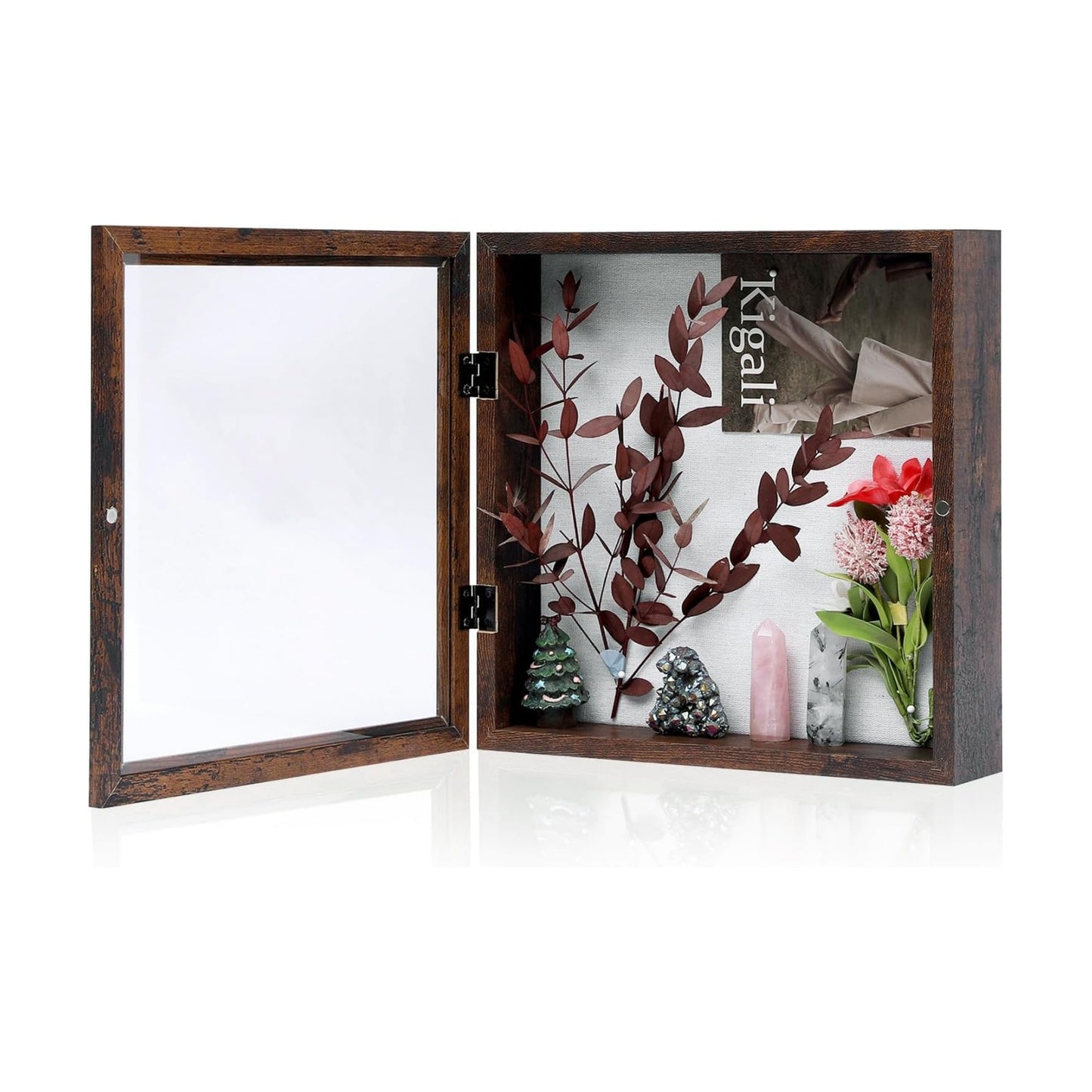 Muzilife 11x11 Shadow Box Picture Frame, 2.16 Deep, Real Glass, Honey Brown | FSC-Wood, Magnetic Door, Linen Interior &