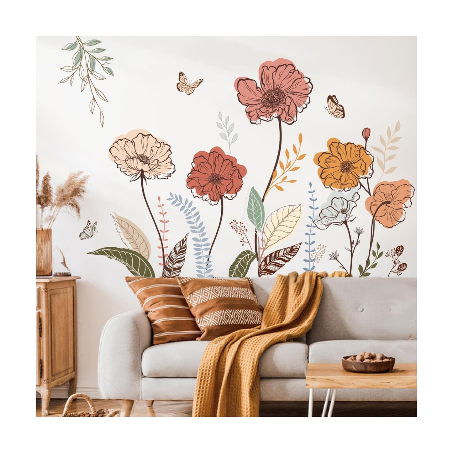 Boho Flower Wall Stickers Wildflower Floral Grass Peel and Stick Wall Art Decals