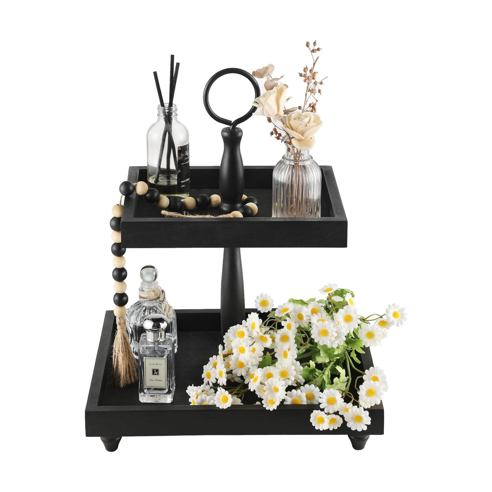 Rustic Wooden 2 Tier Decorative Tray / 12.6 x 12.6 x 16 / Black