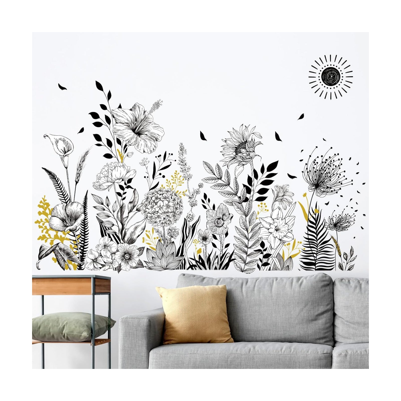 White Garden Flower Wall Stickers Wildflower Floral Sunflower Poppy Wall Art Decals / Black