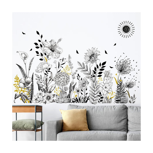 White Garden Flower Wall Stickers Wildflower Floral Sunflower Poppy Wall Art Decals / Black
