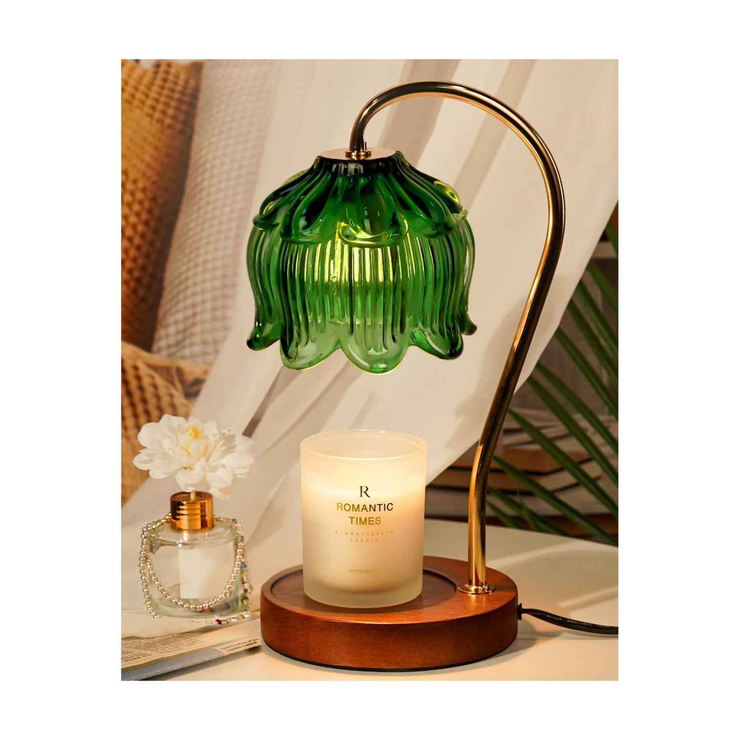 Funistree Green Candle Warmer Lamp with Timer, Dimmable Flower Candle Lamp Warmer, Vintage Christmas Birthday Gifts for