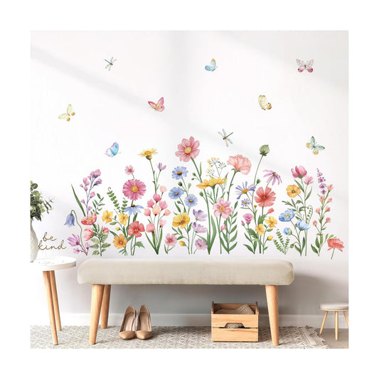 Wildflower Wall Stickers Garden Flower Daisy Butterflies Floral Botanical Wall Art Decals / Pink