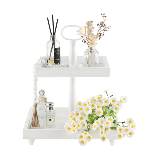 Rustic Wooden 2 Tier Decorative Tray / 12.6 x 12.6 x 16 / White