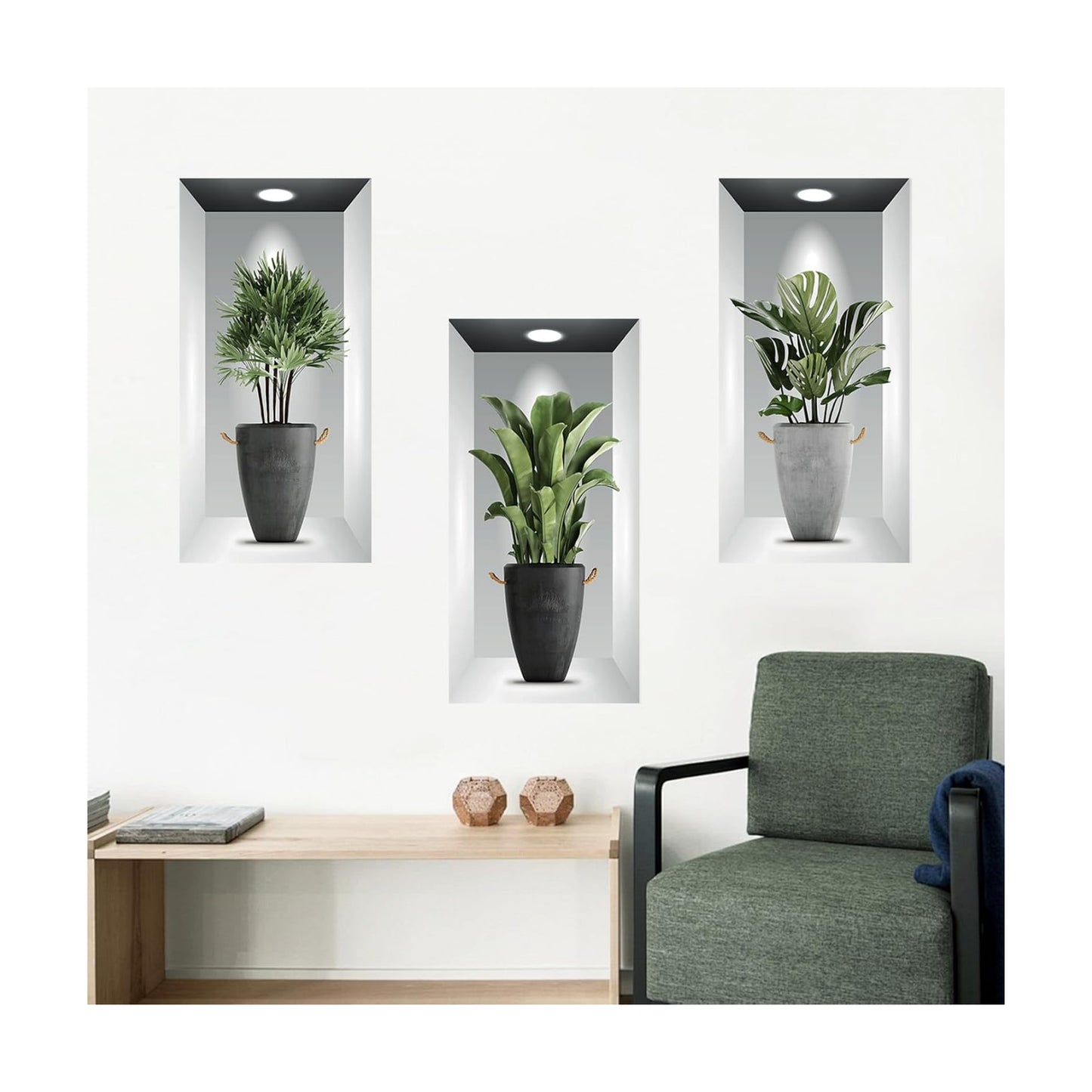 Plants Wall Stickers 3D Realistic Potted Plant Wall Decals Self-Adhesive Mural / Green / Set of 3