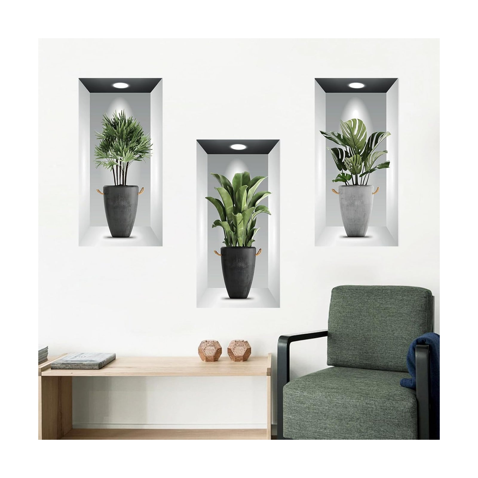Plants Wall Stickers 3D Realistic Potted Plant Wall Decals Self-Adhesive Mural / Green / Set of 3
