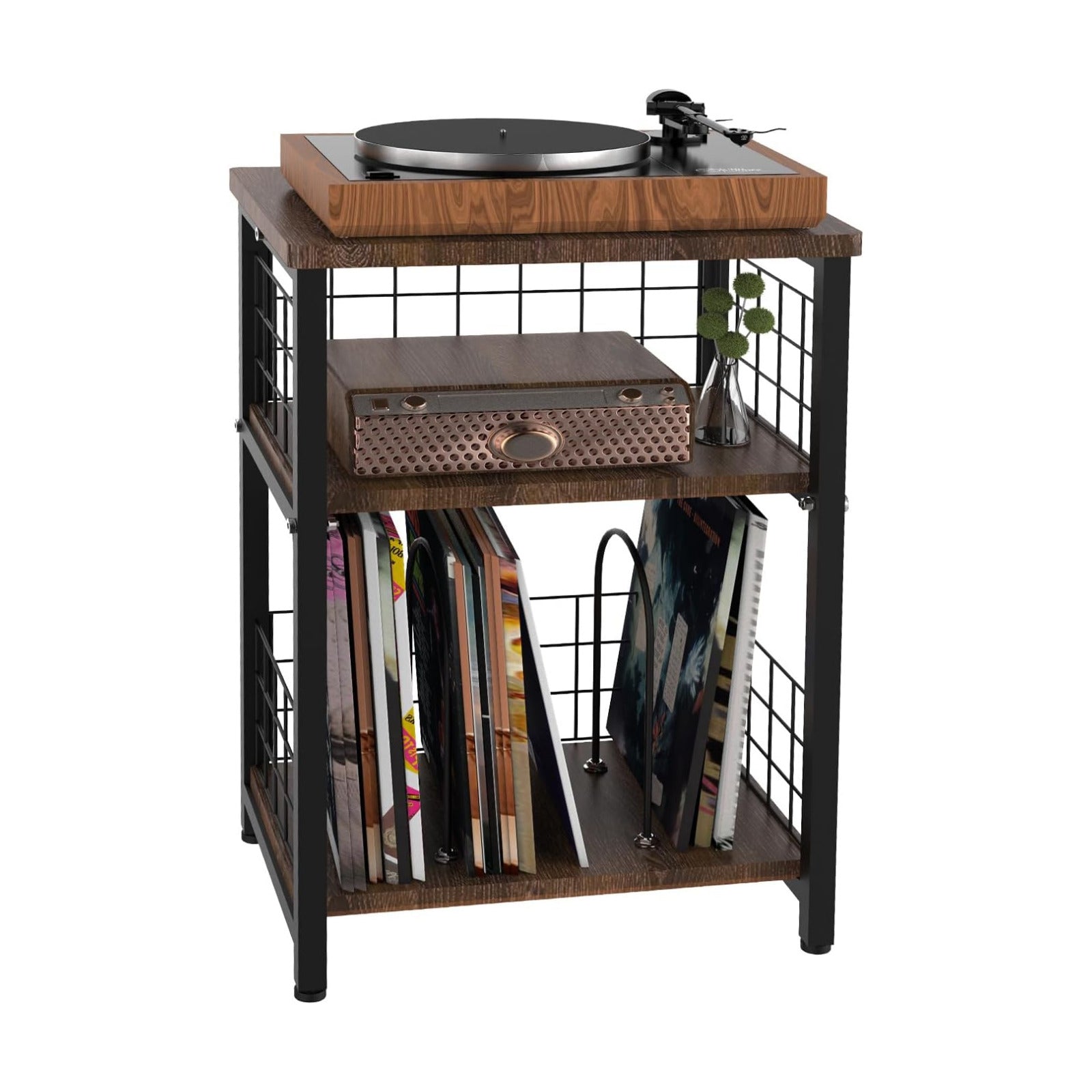 Vinyl Record Player Stand 3 Tier End Table with Double Layer Black | Turntable Record Stand Storage Up to 100 Albums