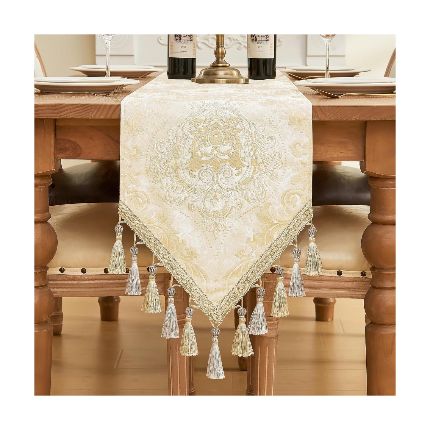 Loom and Mill Elegant Damask Table Runner 13x108 inch, Champagne Gold | Double Layer Design Jacquard Dining Table