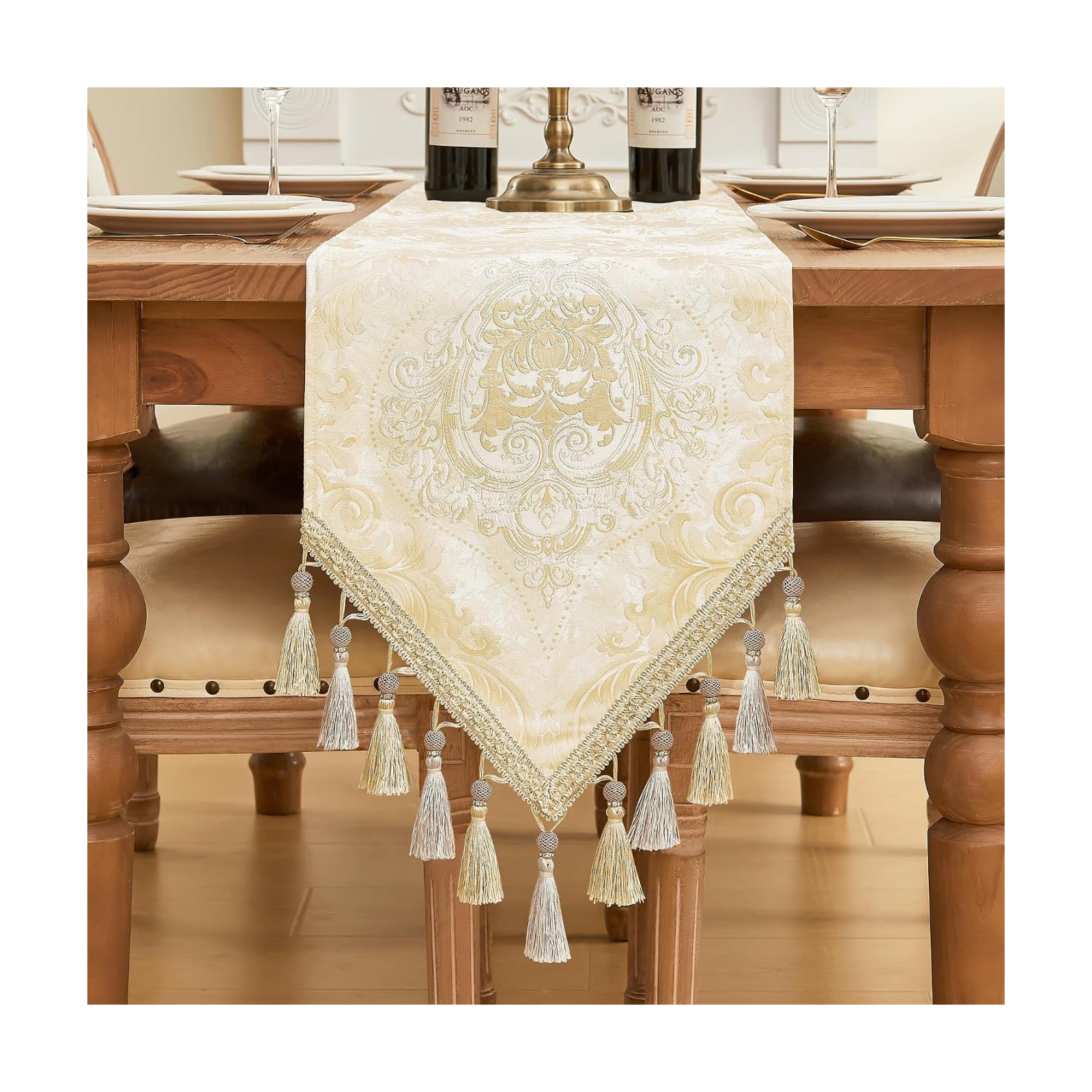 Loom and Mill Elegant Damask Table Runner 13x108 inch, Champagne Gold | Double Layer Design Jacquard Dining Table
