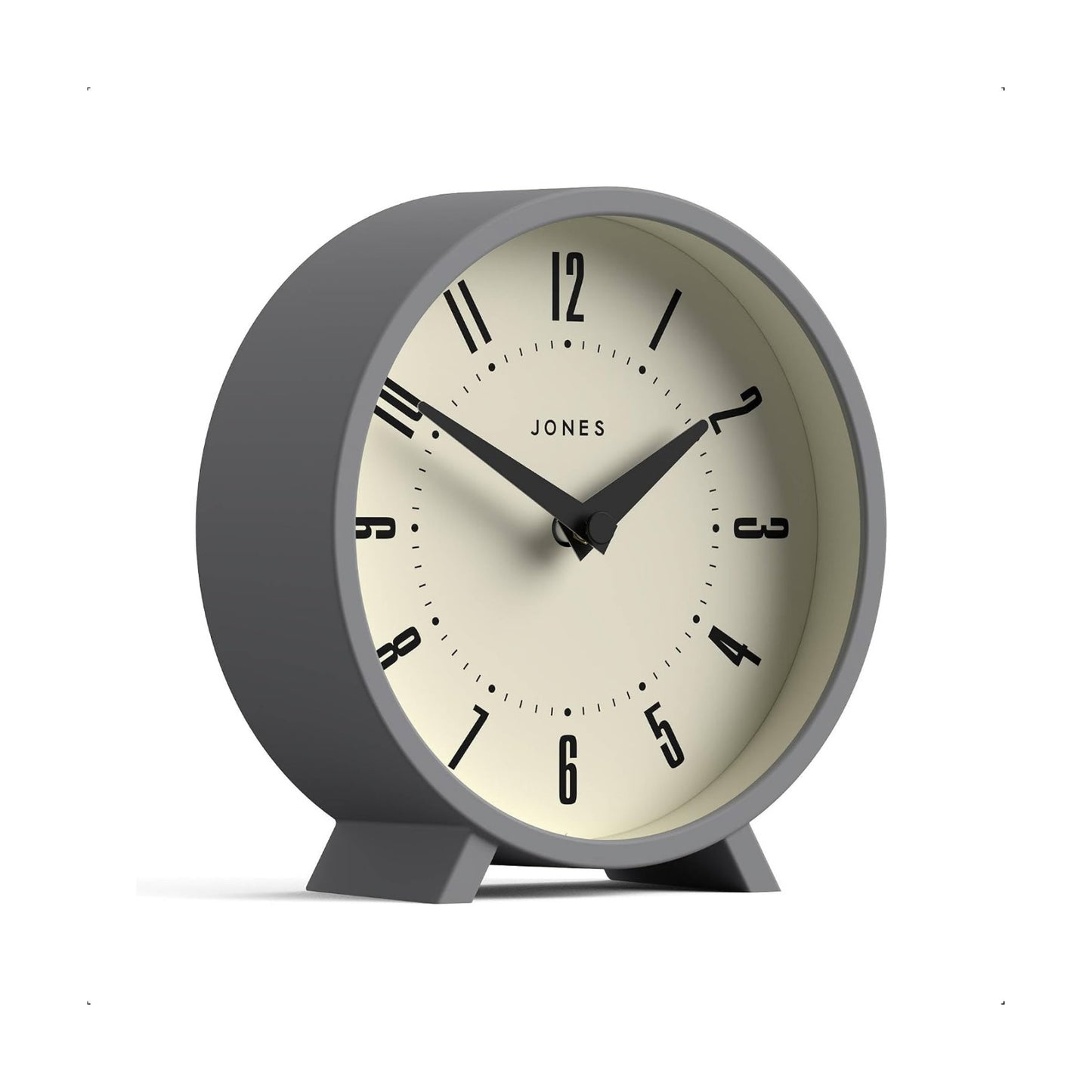 JONES CLOCKS® Venus Desk Clock | Modern Round Design | Gray | Stylish Retro Look for Shelf, Table, Mantel or Bedside