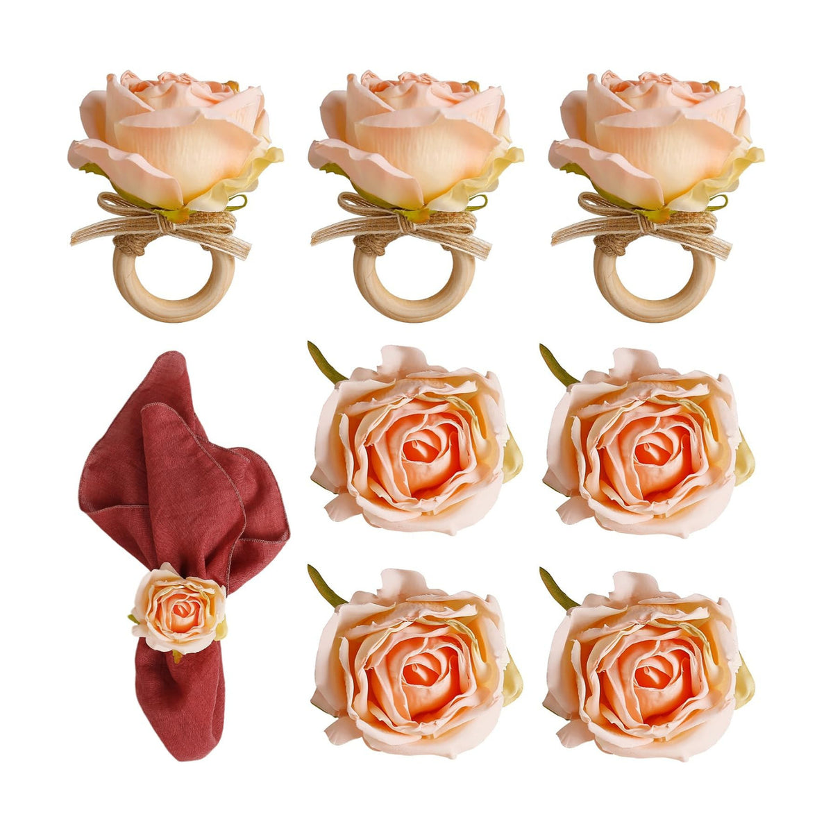 Flower Napkin Rings Set of 8, Handmade Rose Napkin Holder with Wooden Buckles for Dinners Table Decoration