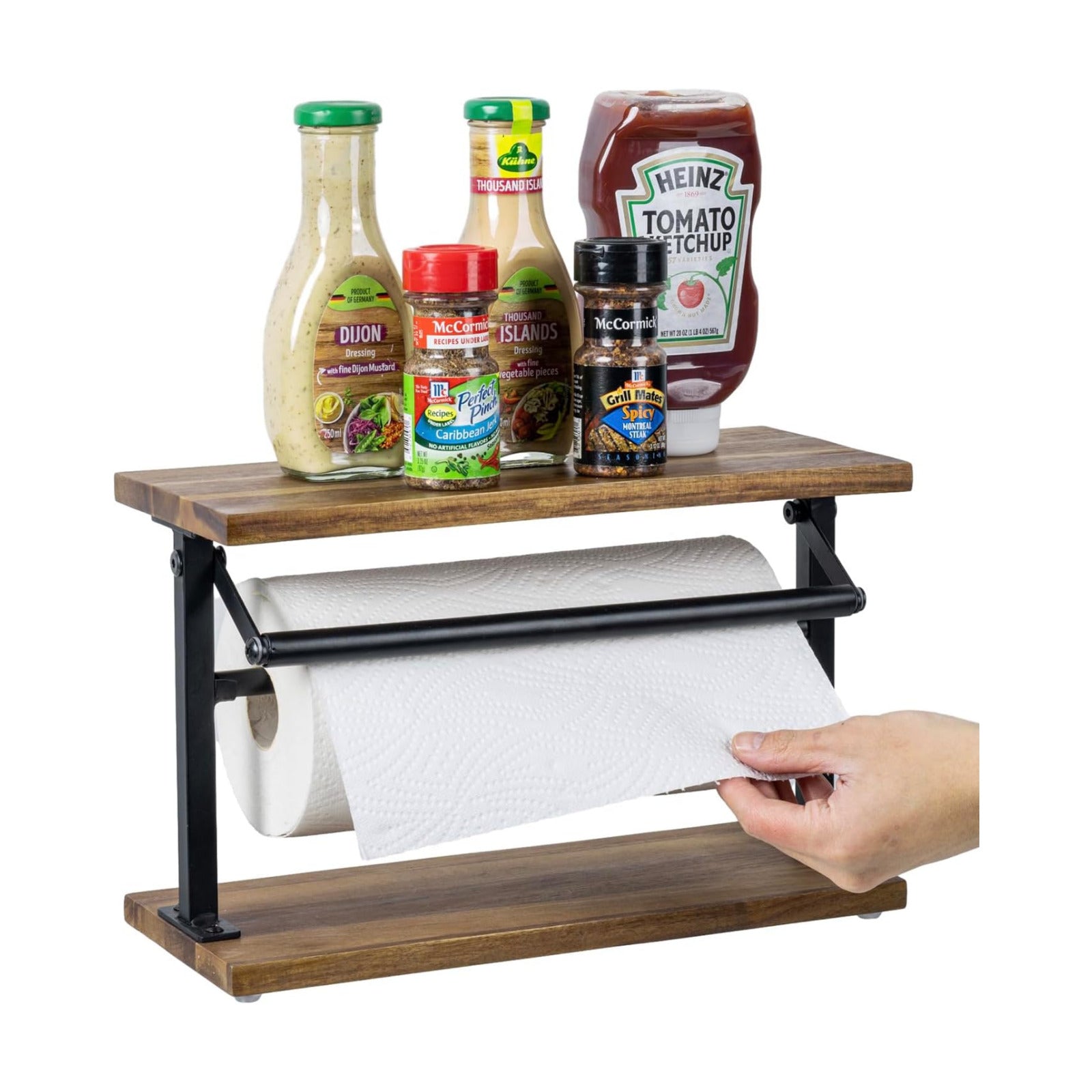 MyGift Acacia Wood Paper Towel Holder, Black Metal Frame & Top Shelf | Acacia wood holder keeps paper towel rolls
