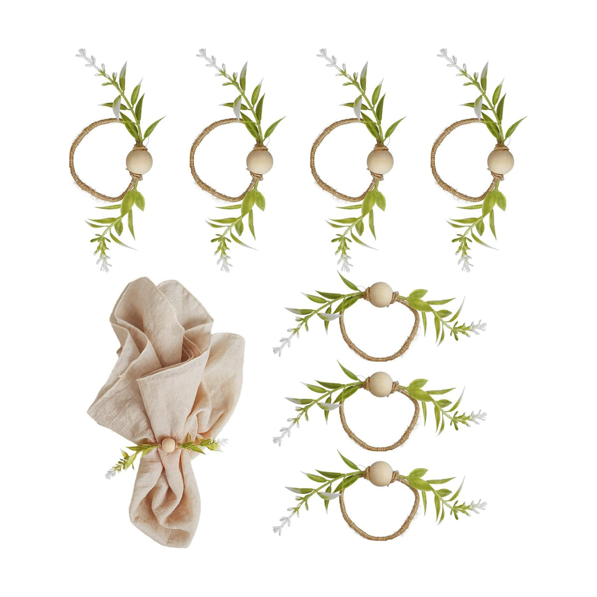 Handmade Farmhouse Napkin Rings Set of 8, Eucalyptus Napkin Rings with Wooden Bead Greenery Leaves Rustic Napkins Holder for Easter Banquet Celebration, Wedding Parties Dinner Table Decor