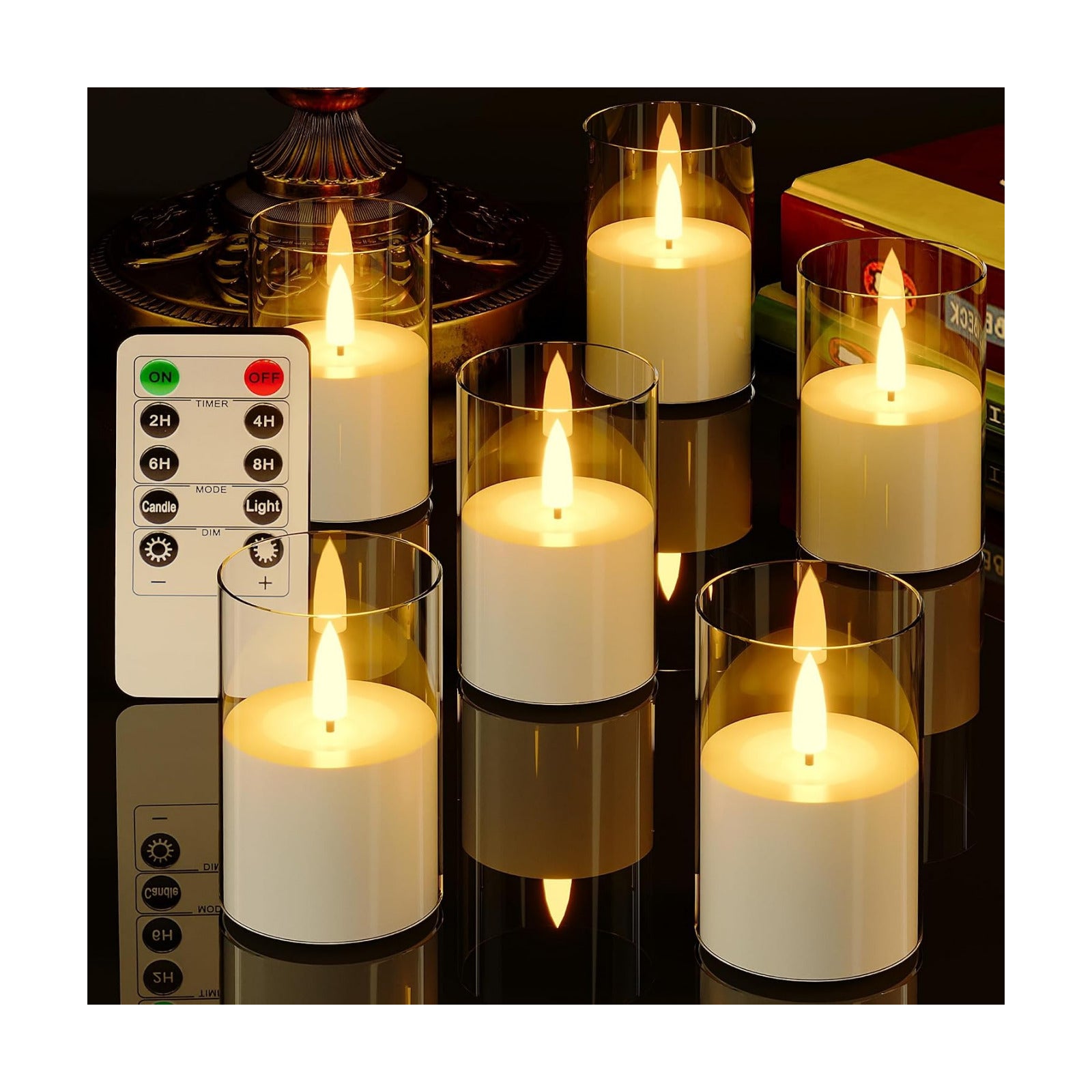 VIODAIM 6Pack Flickering Flameless LED Candles with Remote & Timer, Battery Powered - Small Pillar & Votive, Clear