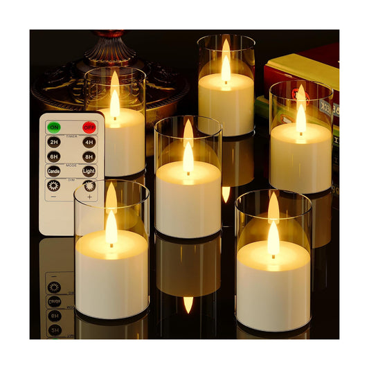 VIODAIM 6Pack Flickering Flameless LED Candles with Remote & Timer, Battery Powered - Small Pillar & Votive, Clear