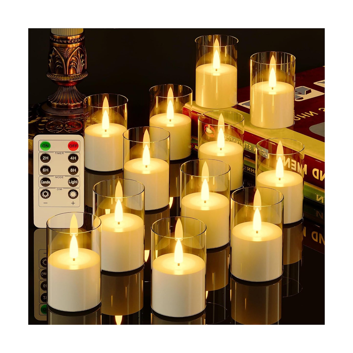 12Pack Flameless LED Candles, Remote & Timer, Battery Powered, Clear, 2"x3" | Small Pillar & Votive Candle with