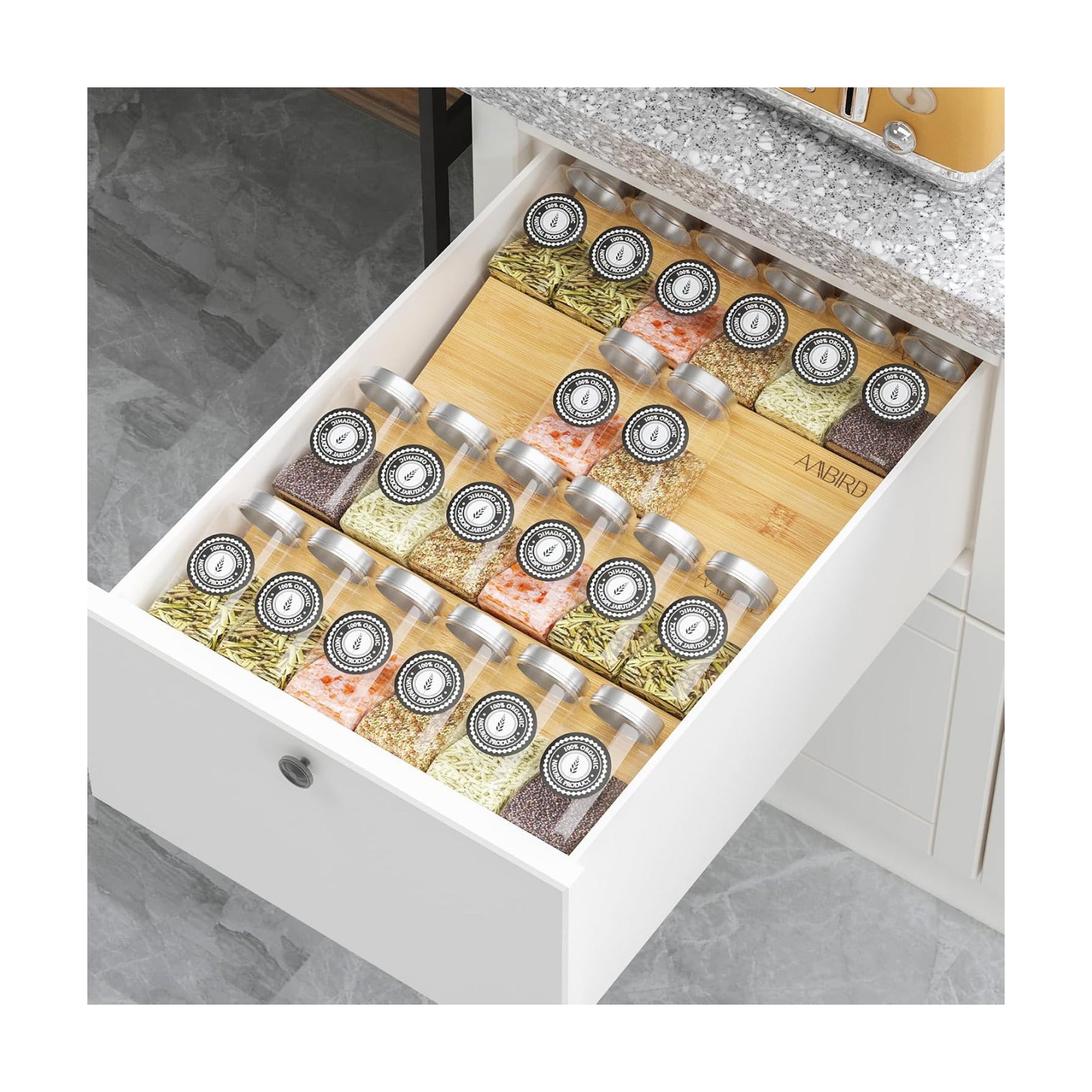 AMBIRD Bamboo Spice Drawer Organizer with Non-slip Mat,4 Tier Jar Spice Rack Tray 9.5'',Seasoning Organizer for