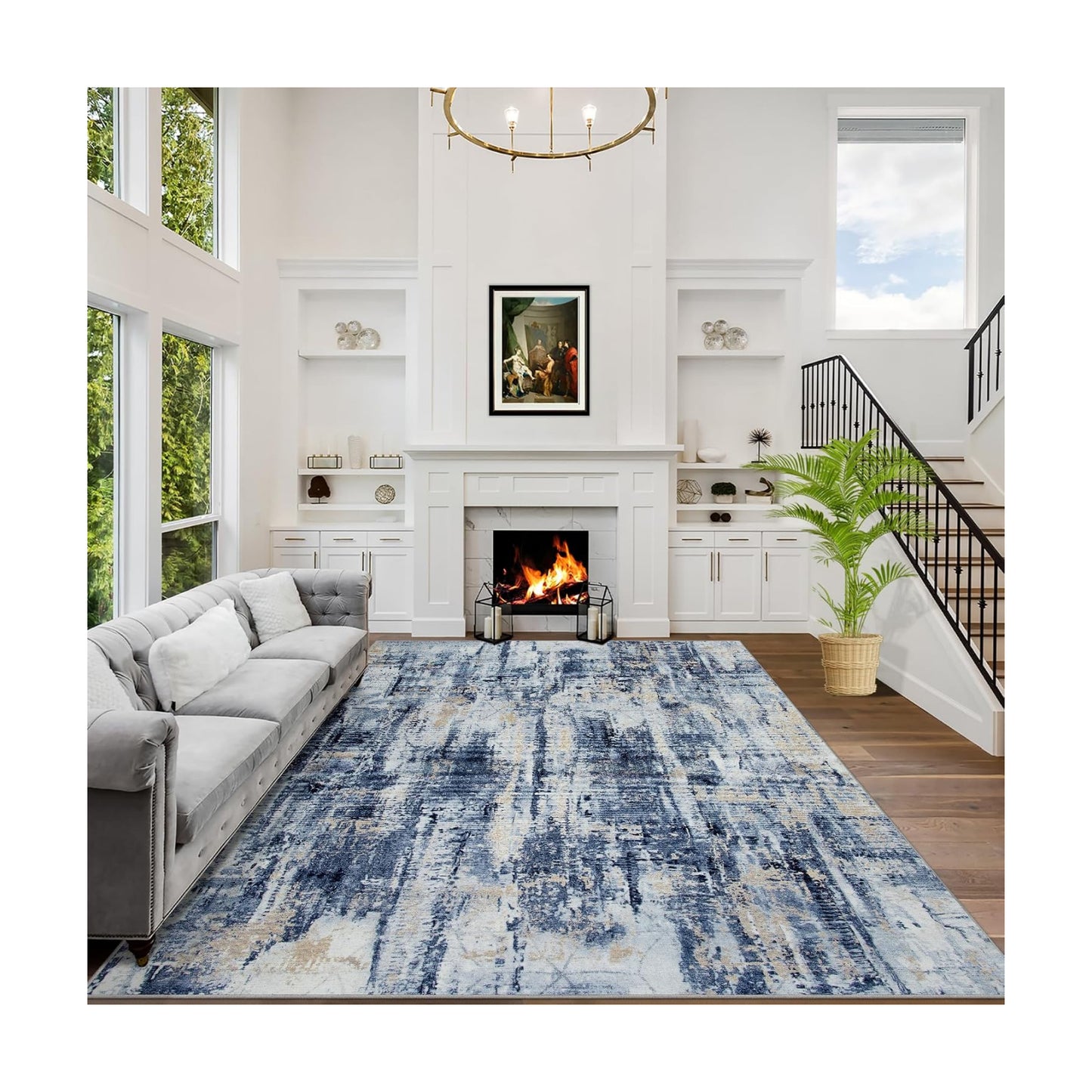 5x7 Area Rugs for Living Room: Washable Abstract Blue Gold Badroom Carpet