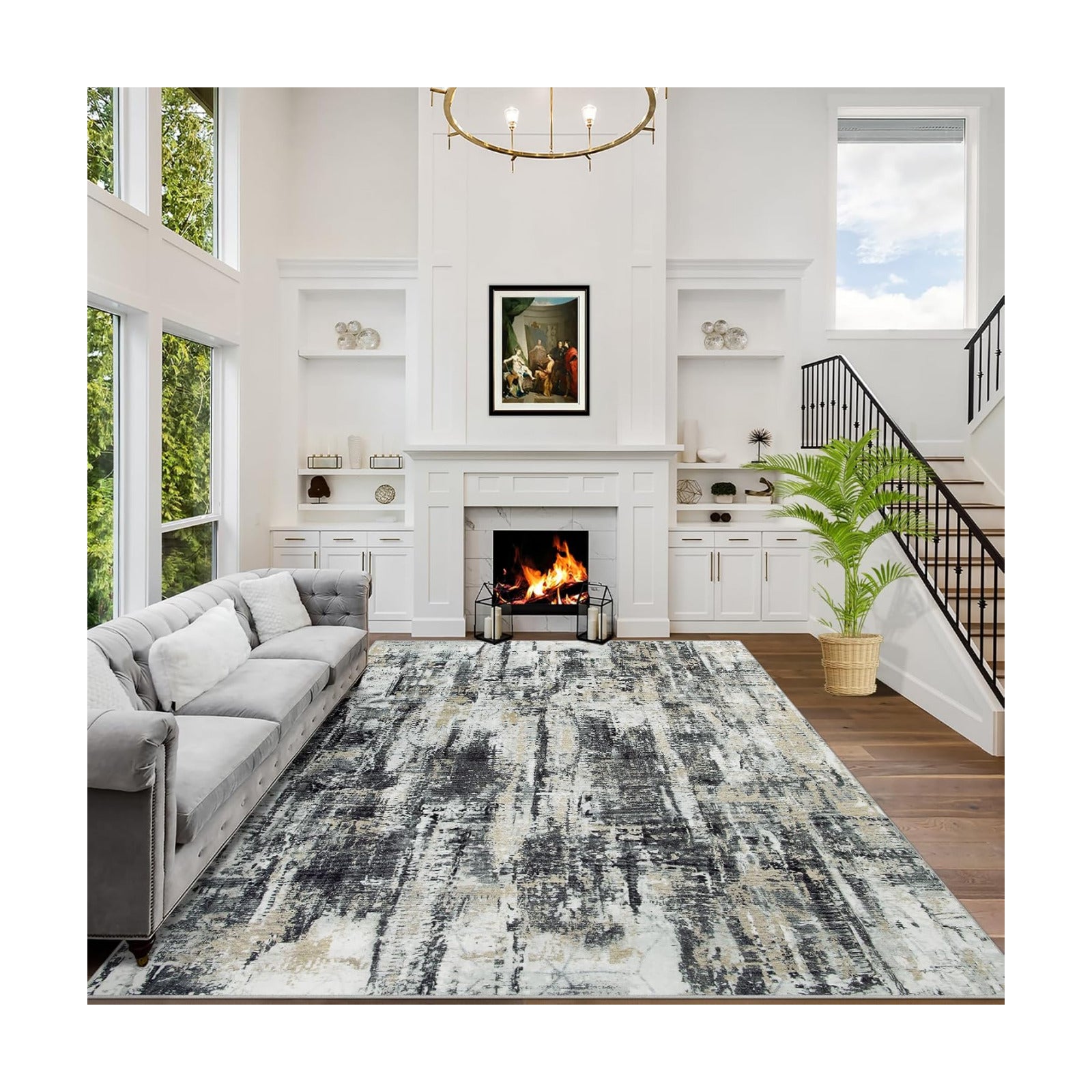 8x10 Area Rugs for Living Room: Washable Abstract Black Grey Gold Carpet