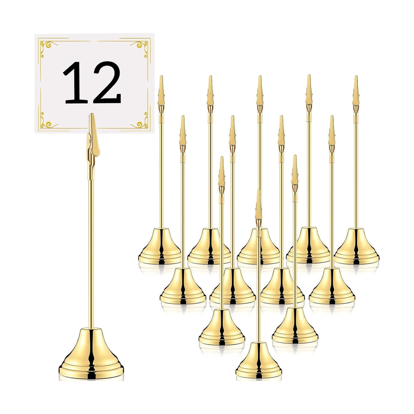 Skyygemm 12 Pcs Table Number Holders Metal Alligator Clip, Gold, 8 Inch | Cone Base Clips for Place Cards, Food Signs