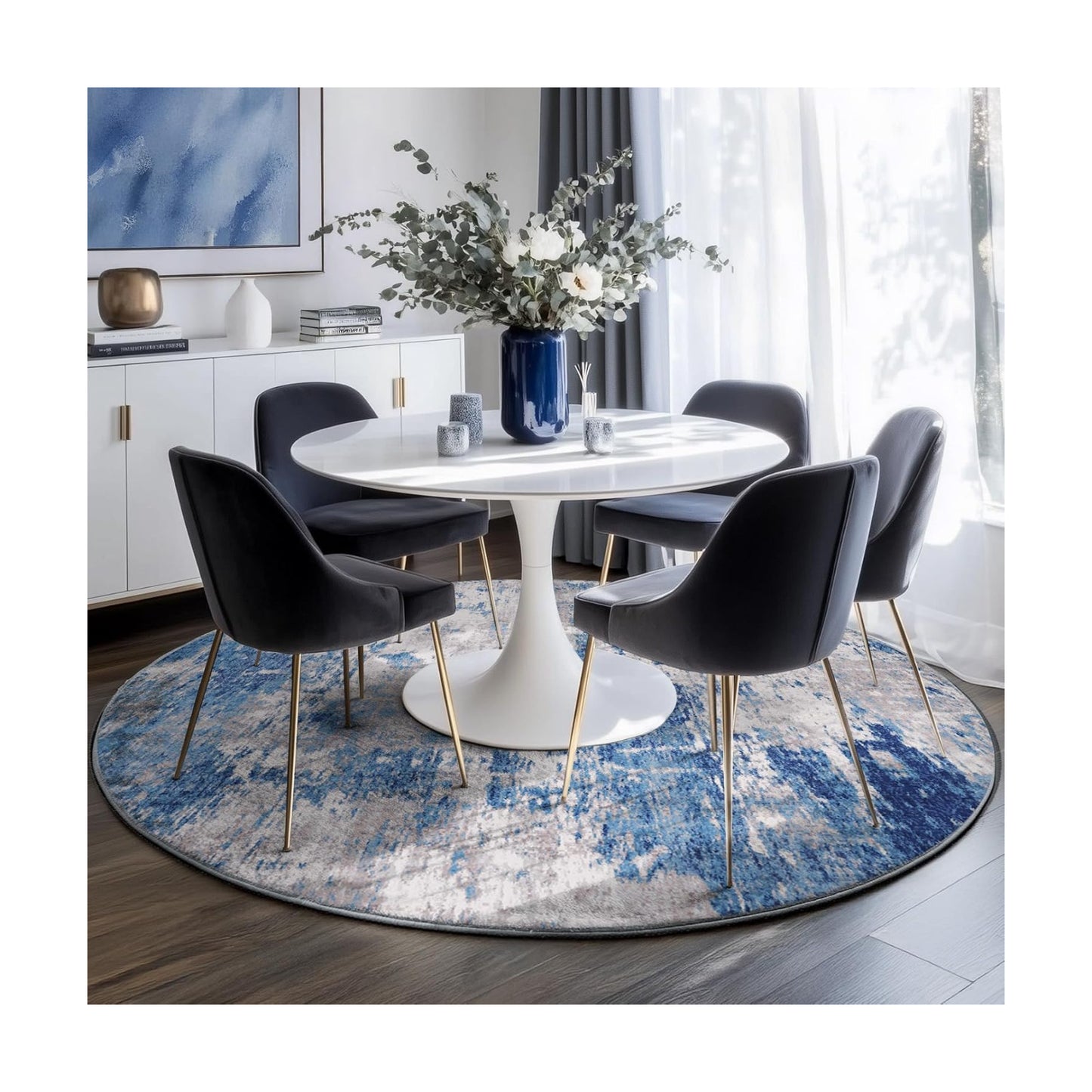 RELEANY Washable Round 8ft Area Rug for Living Room Blue Gray