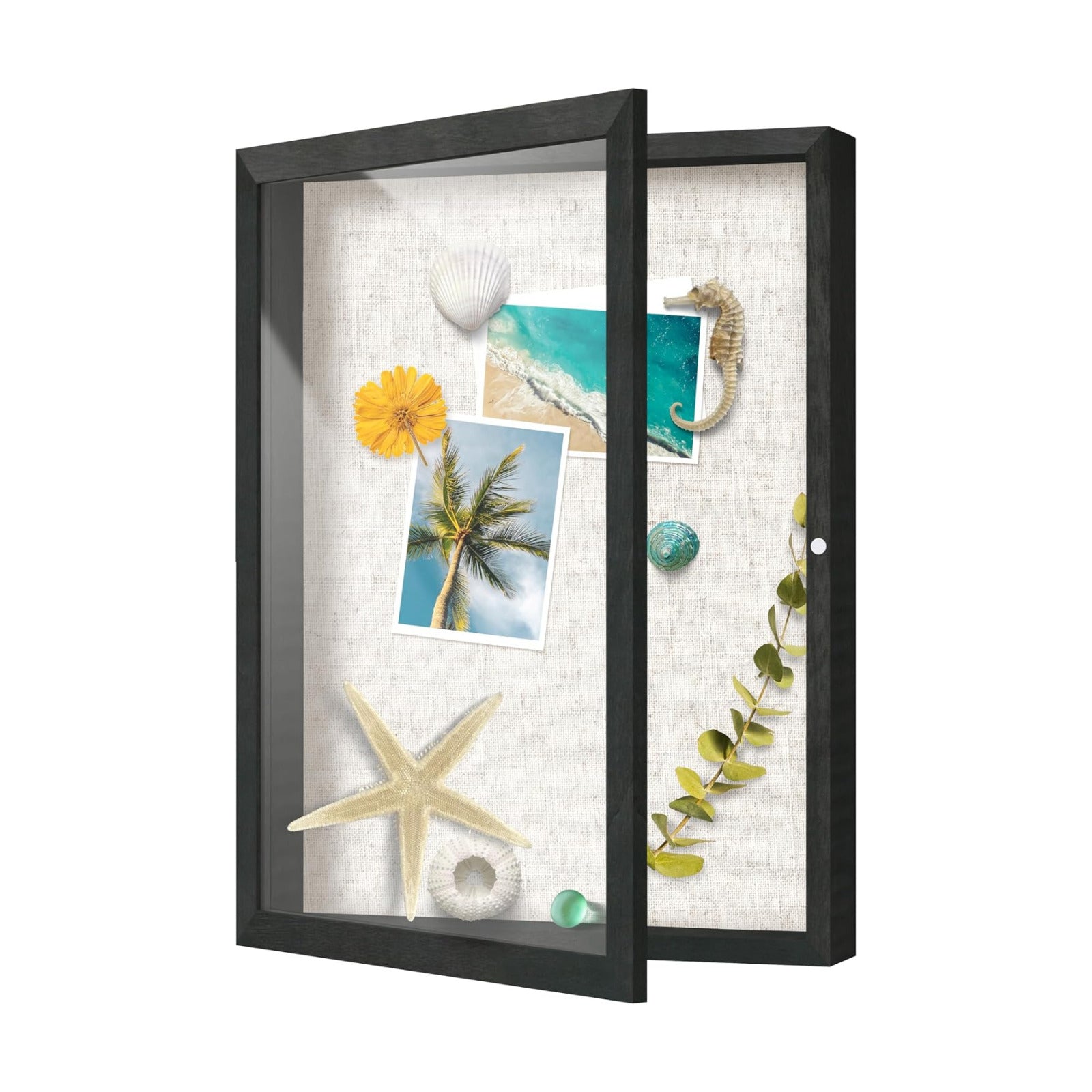 FrameWorks 12x16 Deep Shadow Box Frame, Wooden Display Case w. Linen Board & Tempered Glass Door - Black Woodgrain
