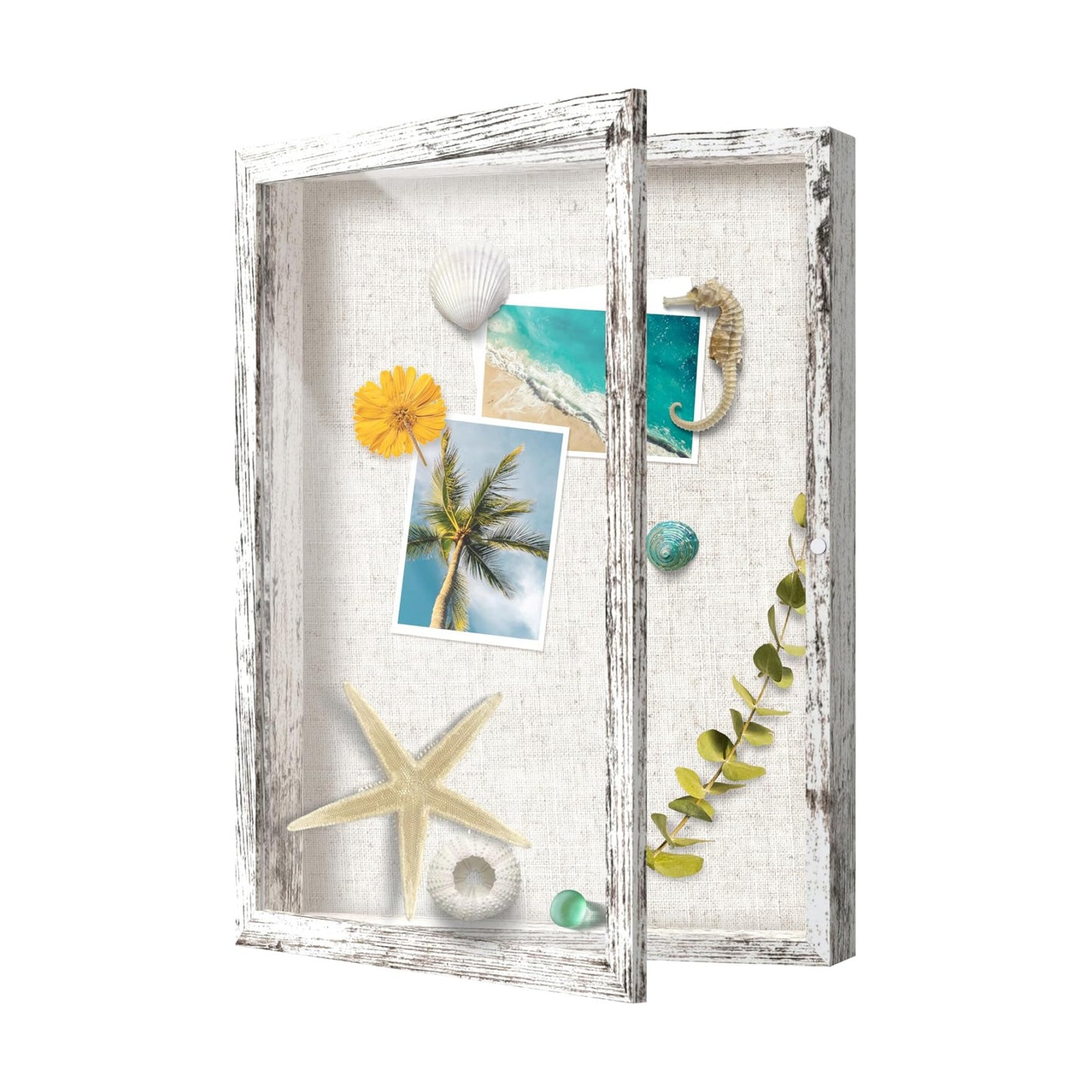 FrameWorks 12x16 Deep Shadow Box Frame, Wooden Display Case w. Linen Board & Tempered Glass Door - Distressed White