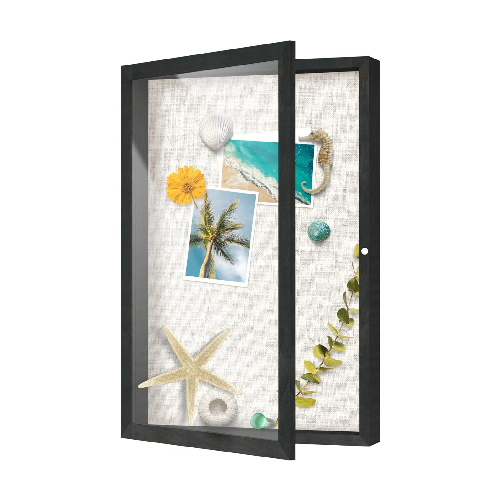 FrameWorks 12x18 Deep Shadow Box Frame, Wooden Display Case w. Linen Board & Tempered Glass Door - Black Woodgrain