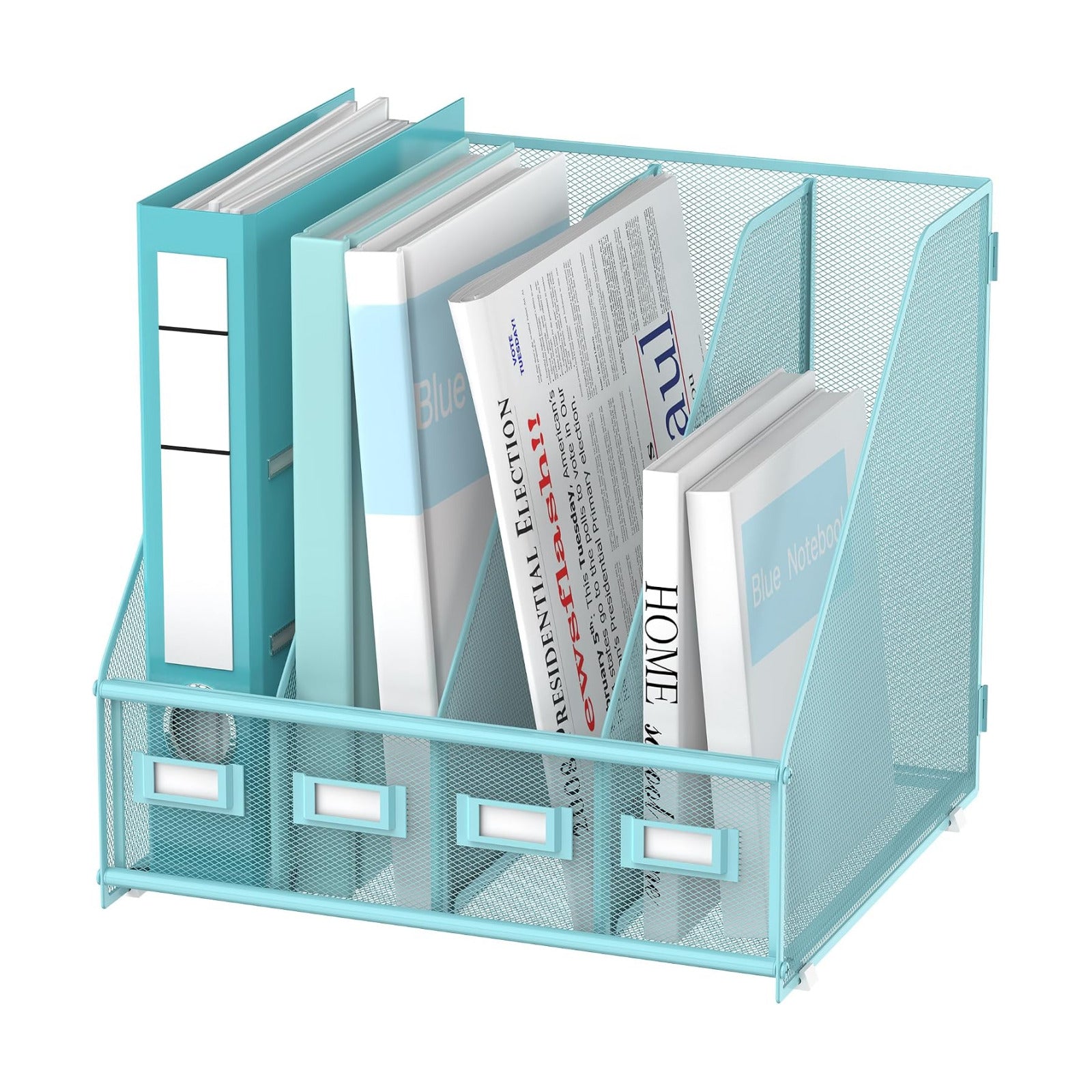 4-Compartment Magazine File Holder and File Organizer for Desk, Blue | Metal Magazine Holder and Magazine File Holder