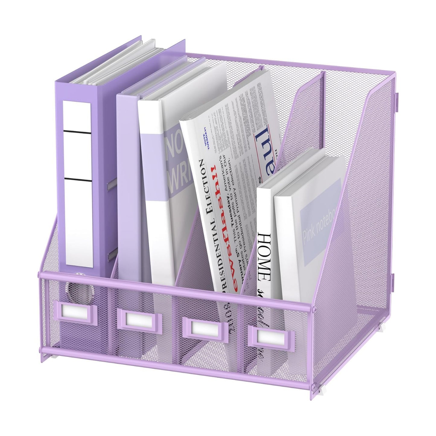 4-Compartment Magazine File Holder and File Organizer for Desk, Purple | Metal Magazine Holder and Magazine File