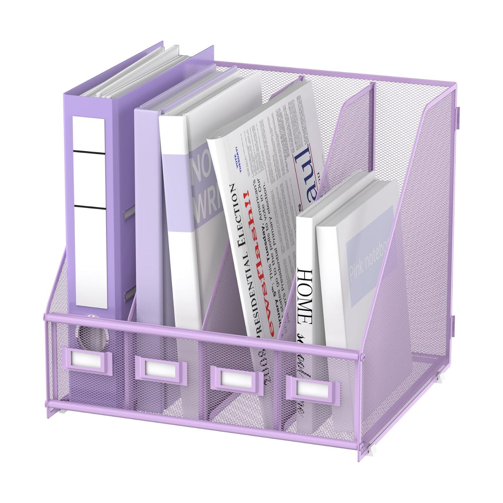 4-Compartment Magazine File Holder and File Organizer for Desk, Purple | Metal Magazine Holder and Magazine File