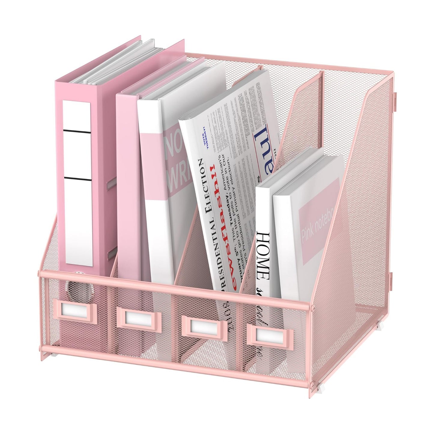 4-Compartment Magazine File Holder and File Organizer for Desk, Pink | Metal Magazine Holder and Magazine File Holder