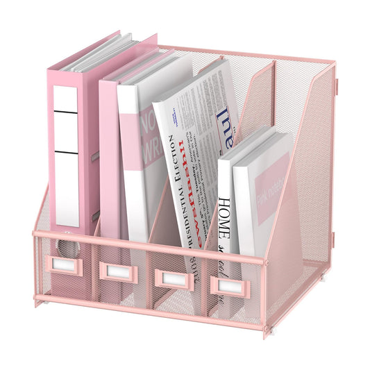 4-Compartment Magazine File Holder and File Organizer for Desk, Pink | Metal Magazine Holder and Magazine File Holder