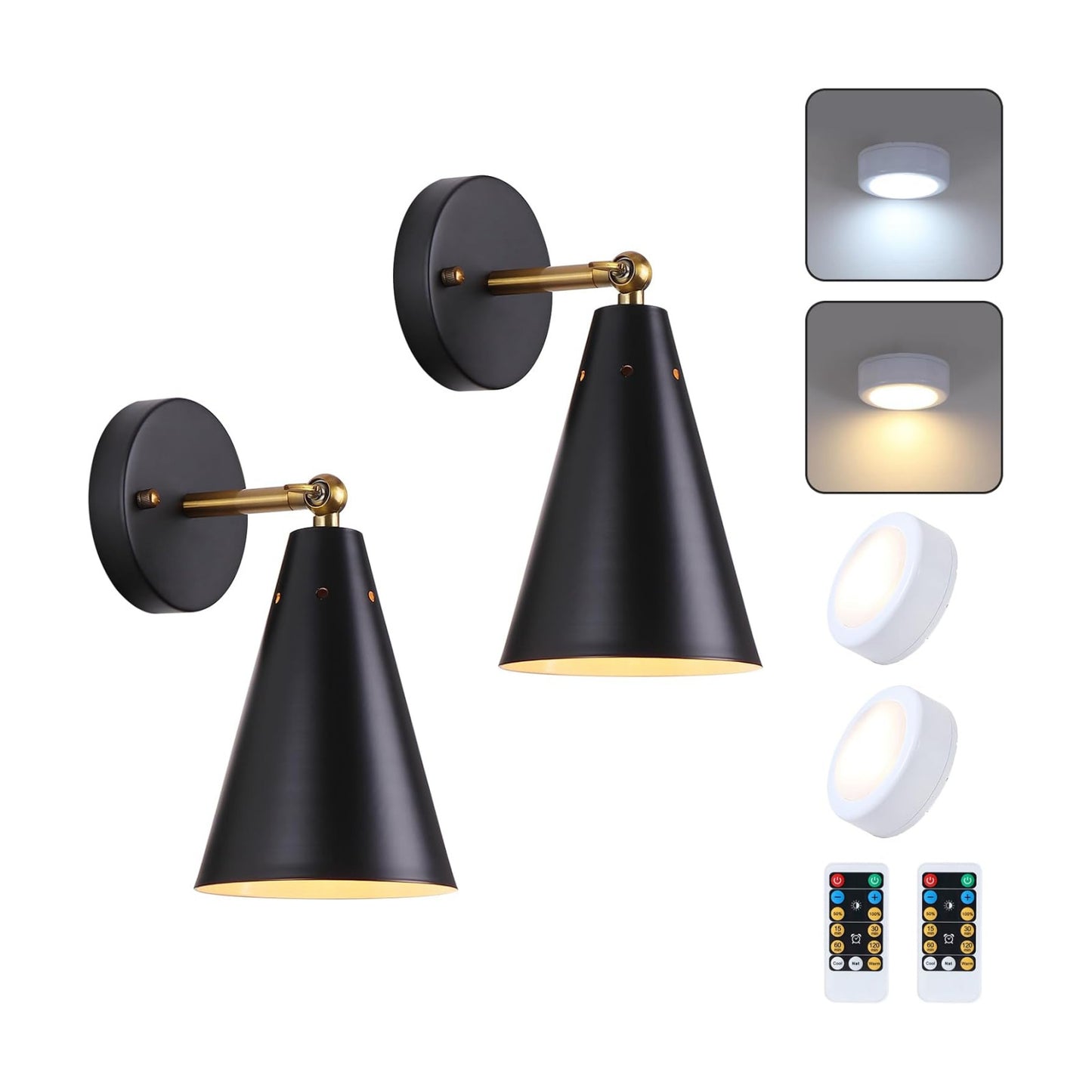MWZ Black Battery Operated Wall Sconces Set of Two,Wireless Indoor Lighting with Remote Control, Modern Dimmable 2