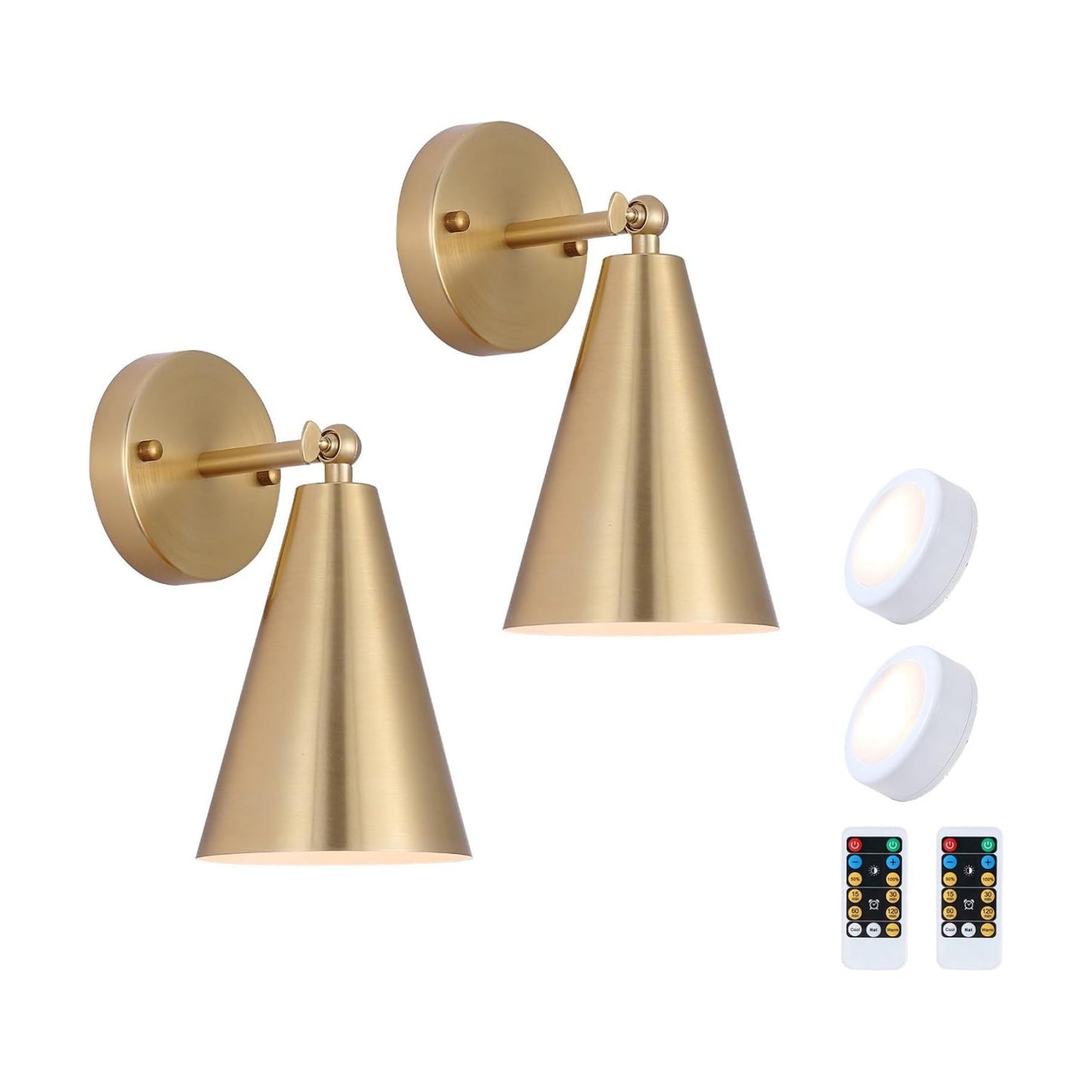 MWZ Gold Battery Operated Wall Sconces Set of Two,Wireless Indoor Lighting with Remote Control, Modern Dimmable 2 Color