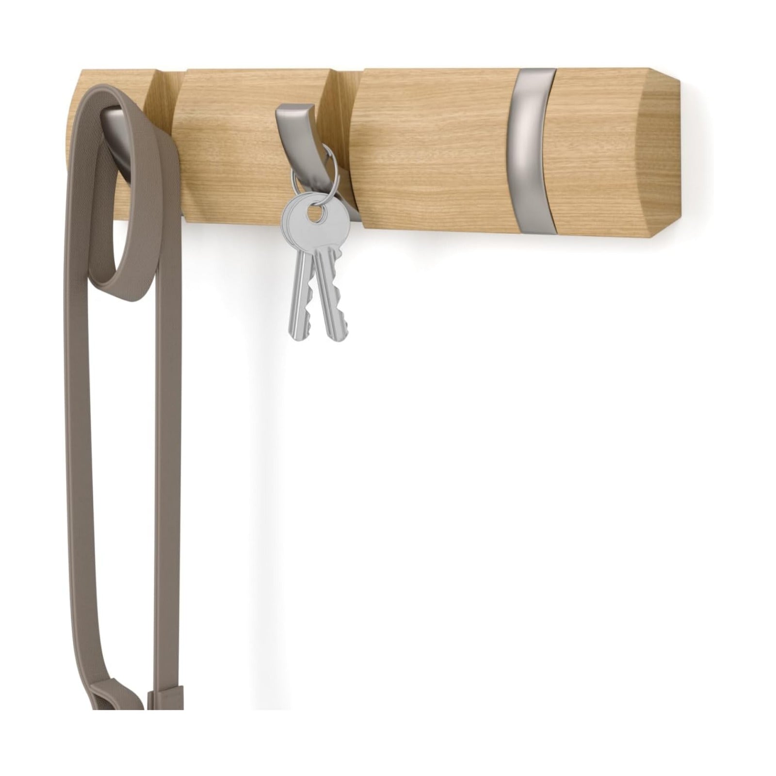 Umbra Flip Coat Rack, Wall Mount Retractable Hooks, 3-Hook, Natural/Nickel | Real wood and steel build, folds flat when