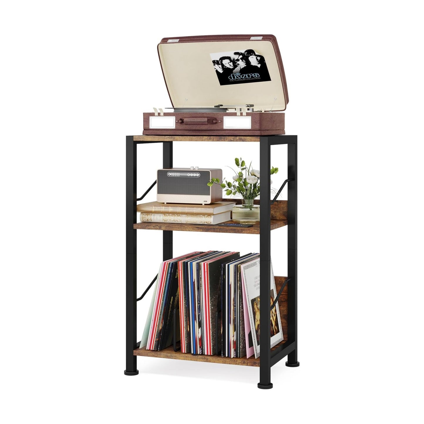 Hosfais 3 Tier Record Player Stand, Retro Vinyl Storage End Table Records for Living Room Bedroom (Brown)