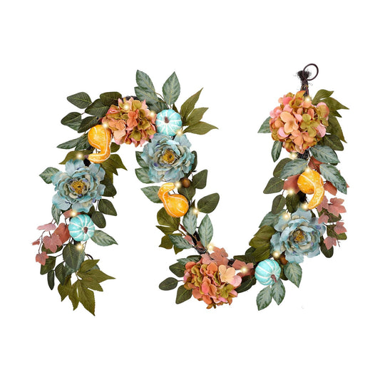 Artificial Fall Autumn Floral Garland / Orange and Blue / 6 ft