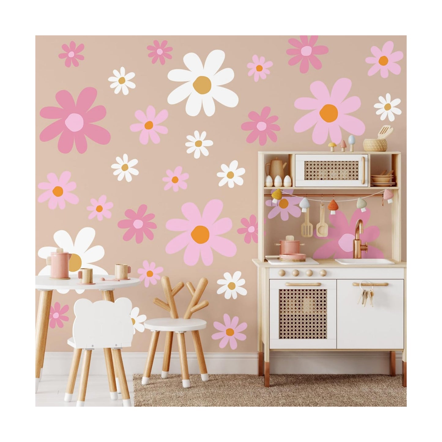 12 Sheet Daisy Wall Sticker Decal Removable Daisy Bedroom Room Decor / Vibrant Style / Pink Color