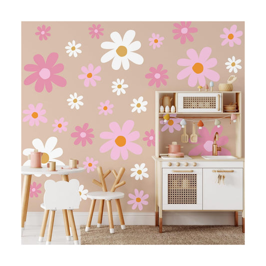 12 Sheet Daisy Wall Sticker Decal Removable Daisy Bedroom Room Decor / Vibrant Style / Pink Color