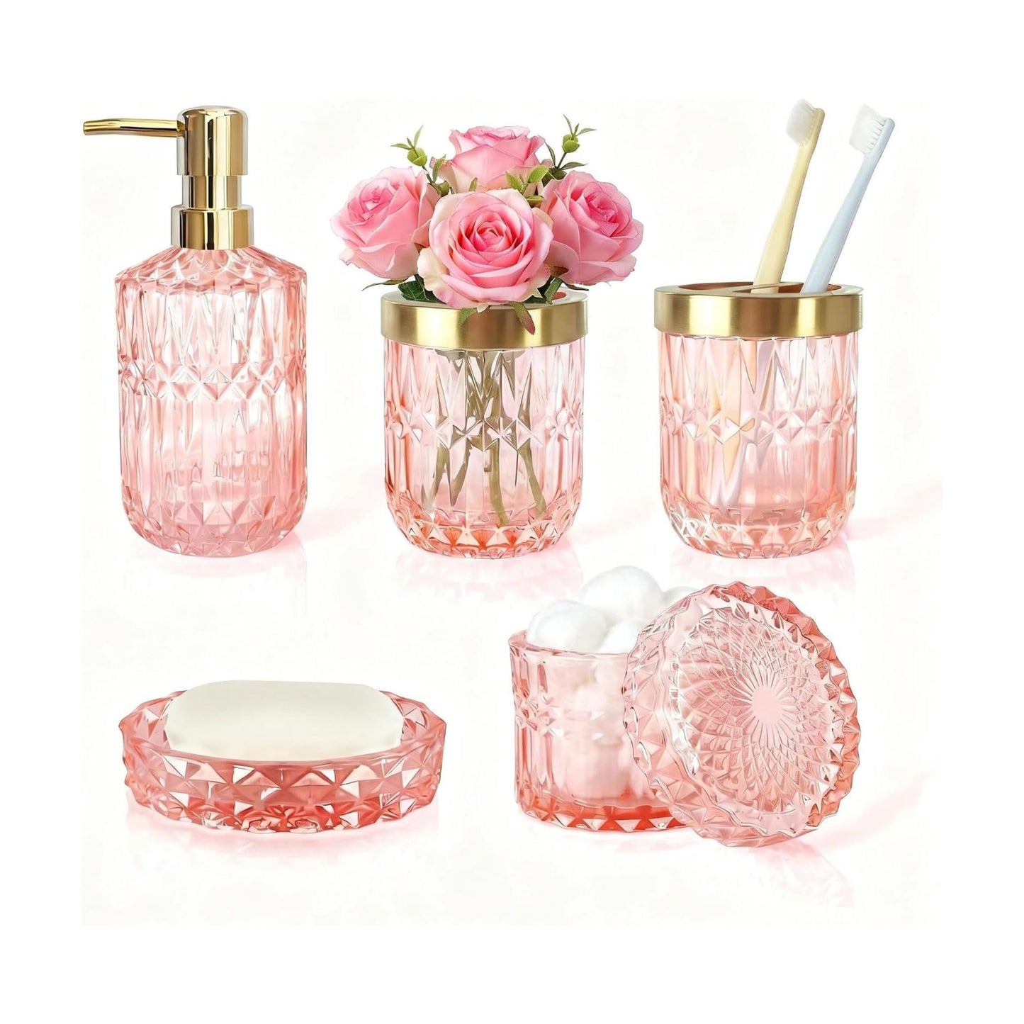 LaMarriti 5pcs Pink Bathroom Accessory Set, Clear Glass Bathroom Set, Soap Dispenser and Toothbrush Holder Set, Soap