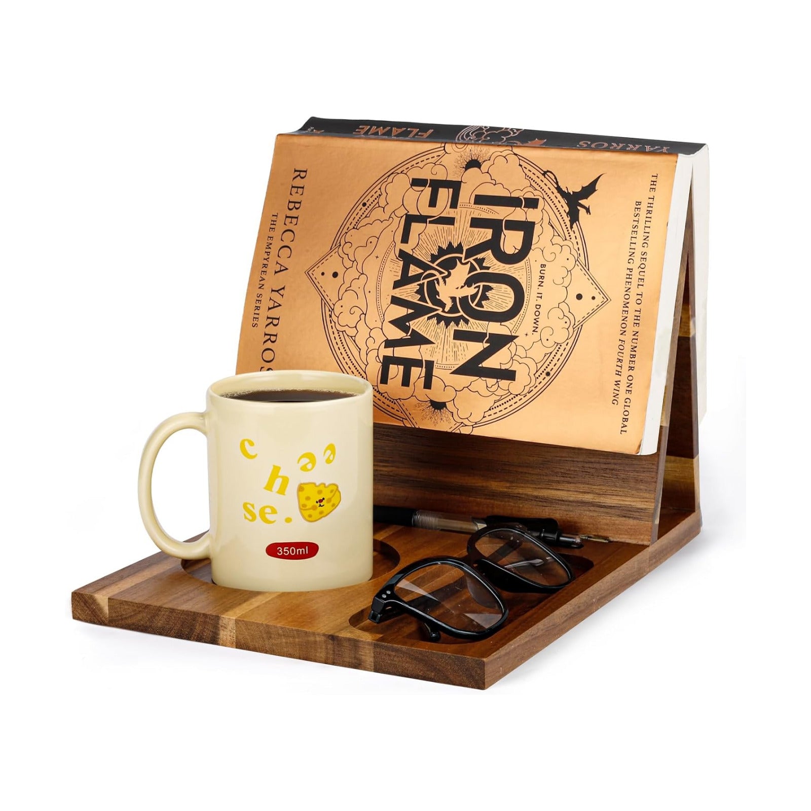 Wooden Book Stand for Reading Rest, Acacia Triangle Book Holder with Cup, Glasses, Pen & Phone Holder, Book Nook